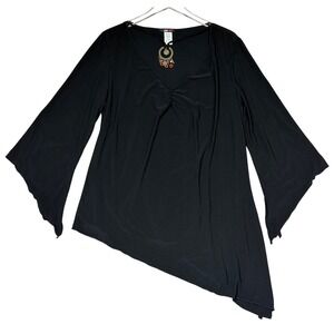 One Heart Black Asymmetrical Bell Sleeve Tunic Top Built-in Charm Necklace 3XL